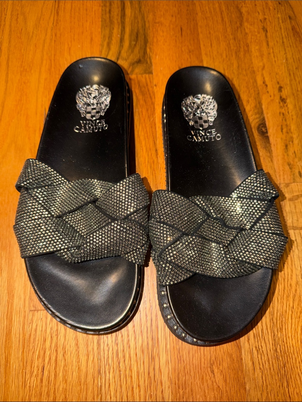 Vince Camuto Black and Gold Woven Slide Sandals - Women Size 5.5